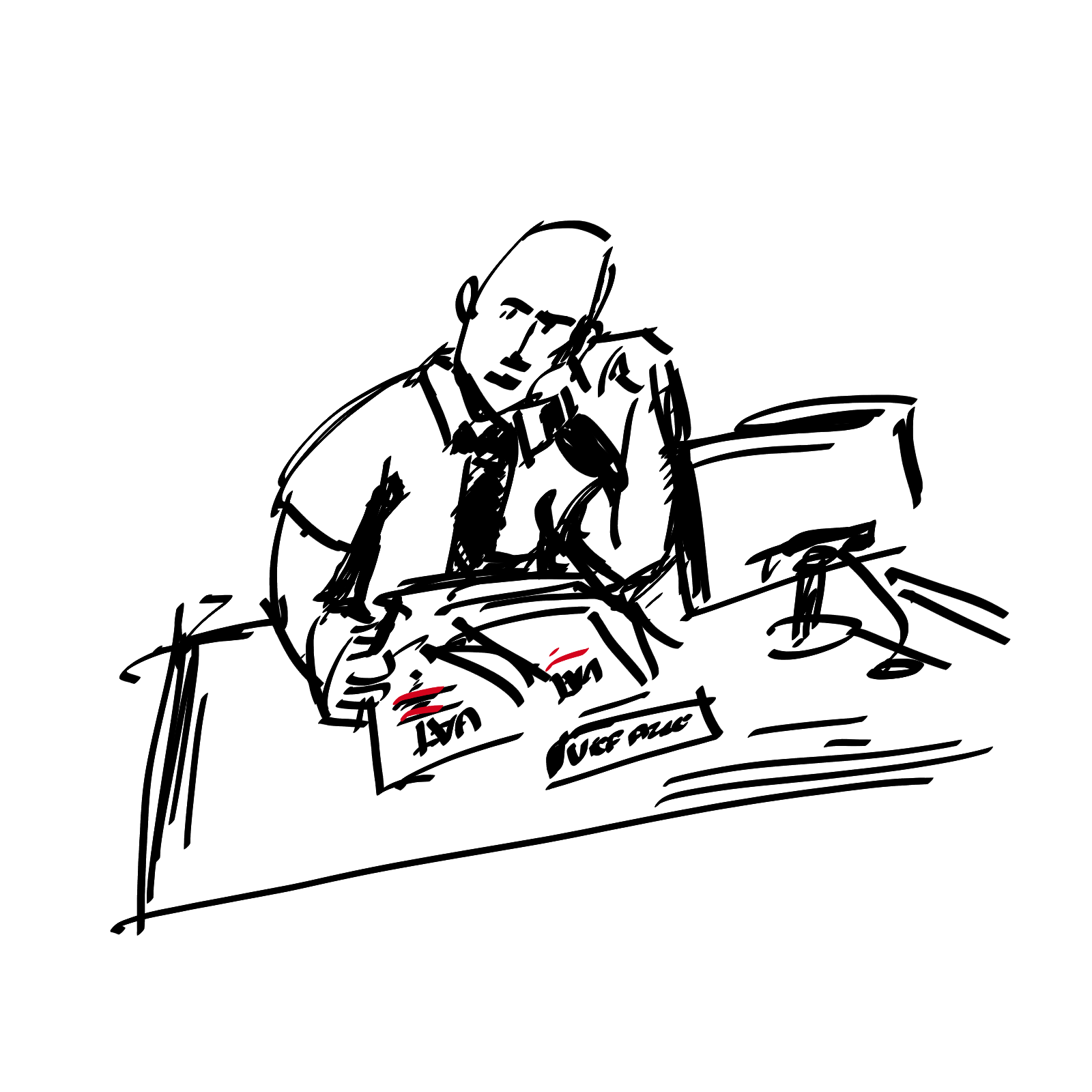Członek zarządu przy biurku; czarno-biały rysunek