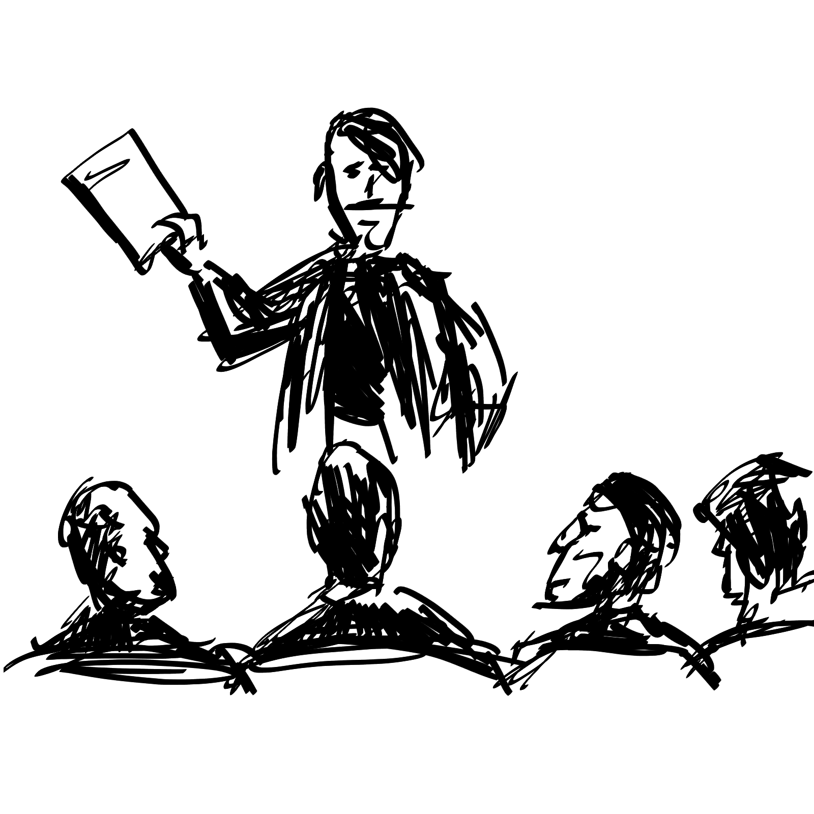 pięć osób; dłużnik i wierzyciele; czarno-biały rysunek
